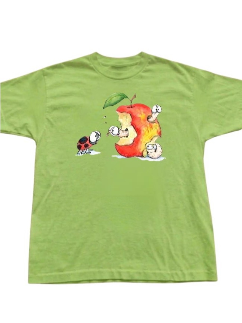 Green Short Sleeve Tee with Apple & Bug Graphic
